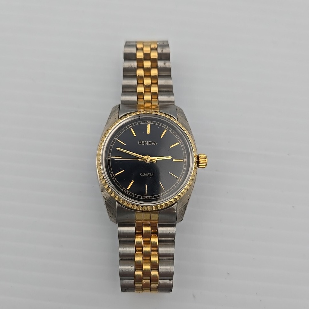 Geneva Womens Fancy Gold/Silver Three Hand Fashion Black Dial Pretty Watch